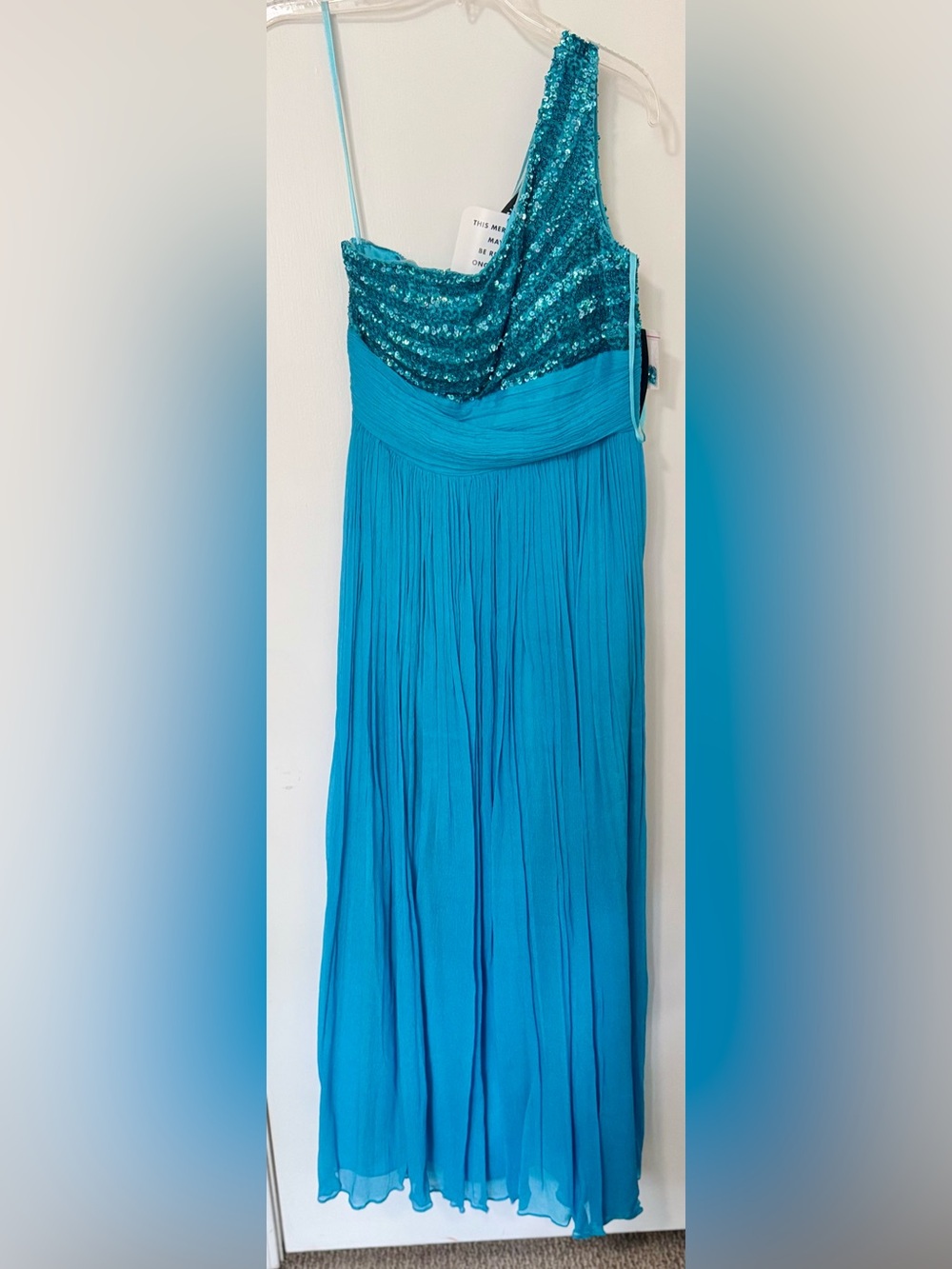 Aidan Mattox Teal One-Shoulder with Sequin Bodice and Silk Pleated Skirt